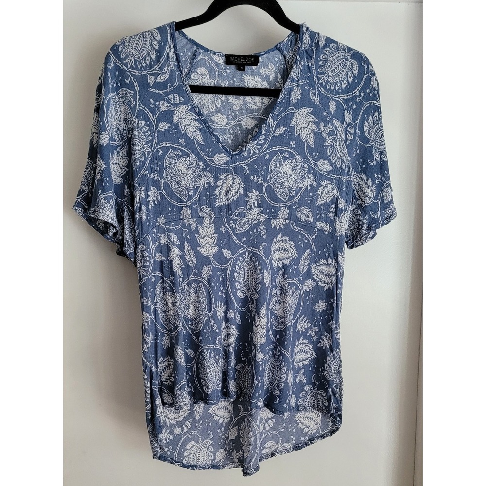 Rachel Zoe Blouse Size S Sleeveless Floral Blue White V-Neck Boho Top Shirt